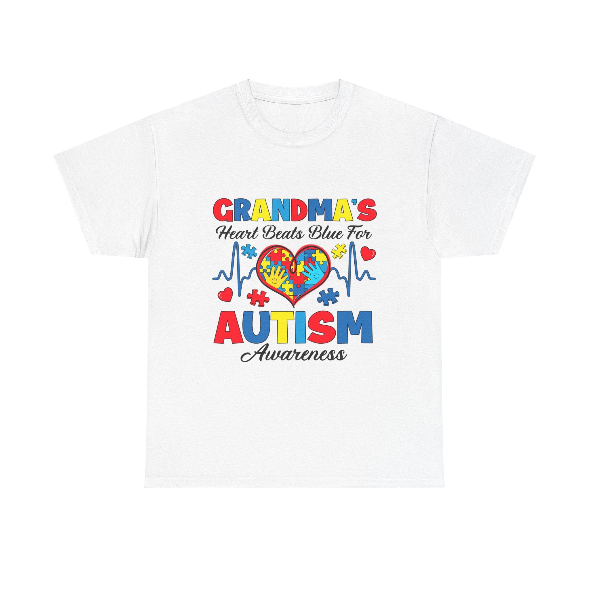 Grandma’s Heart Beats Blue | Autism Awareness Adult T-Shirt | Supportive Grandma Gift for Autism Advocacy