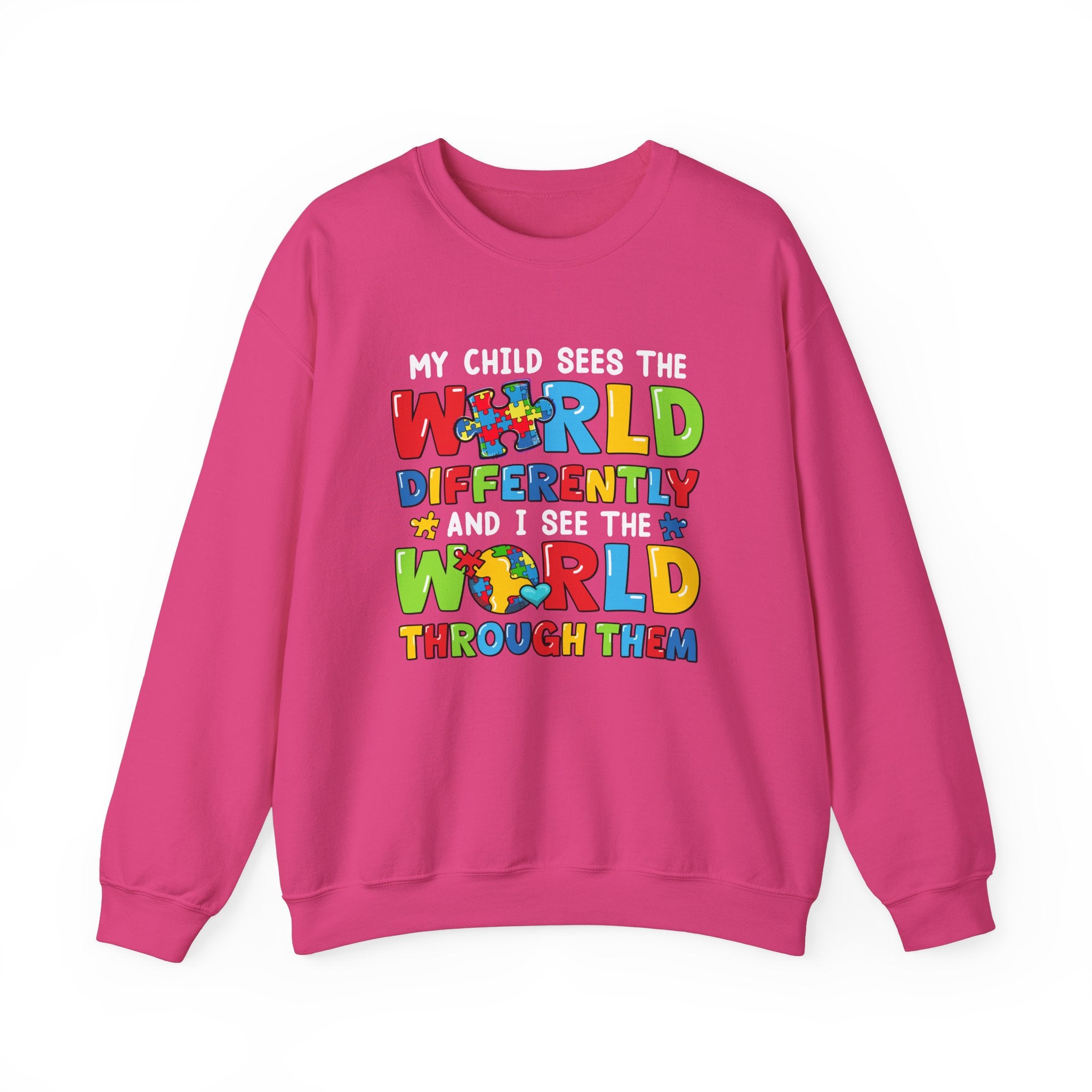 My Child Sees The World Differently, Autism Awareness, Adult Crewneck Sweatshirt